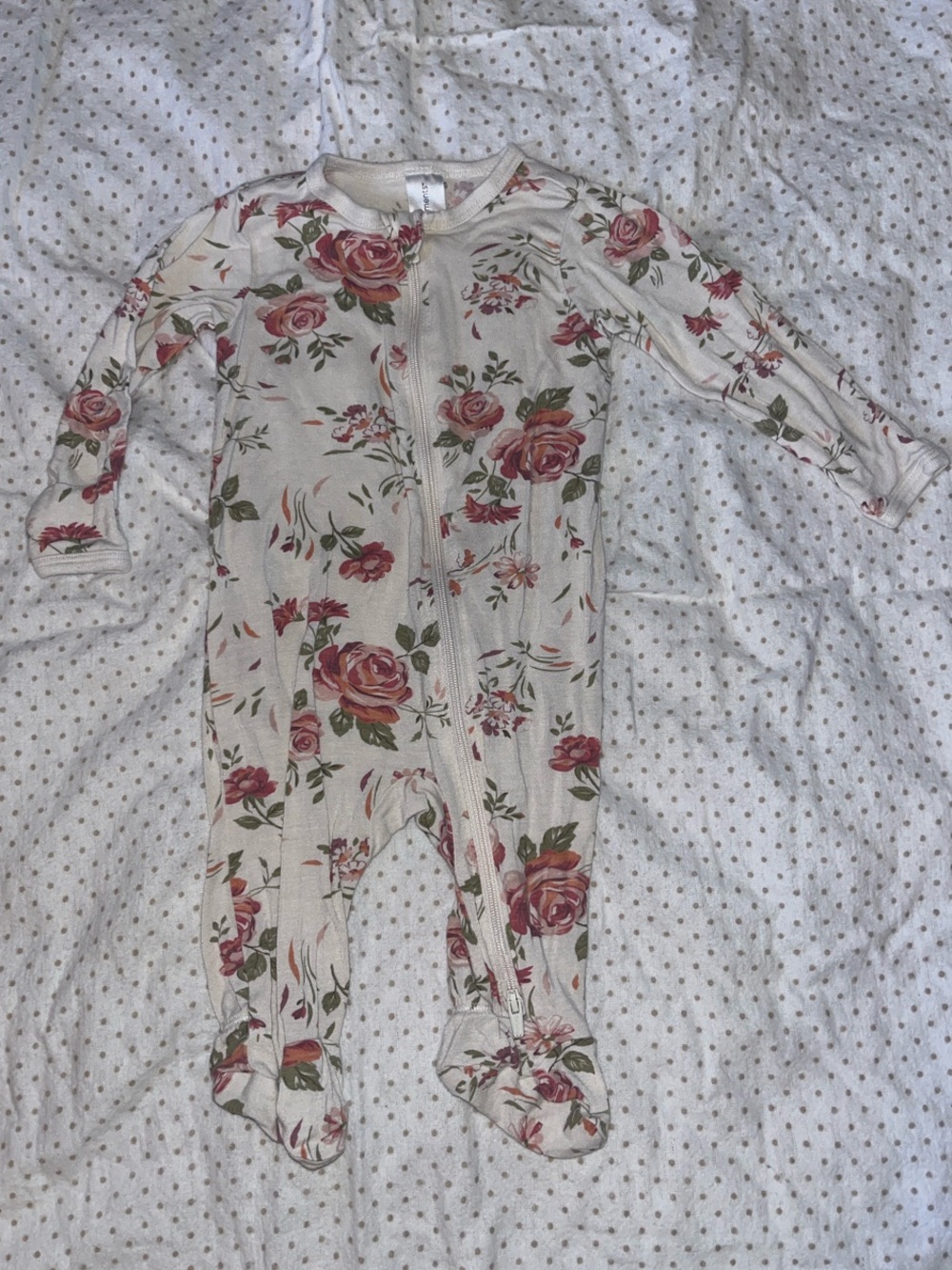 Floral Zip-Front Cream One-Piece Footie with Pink Rose Print
